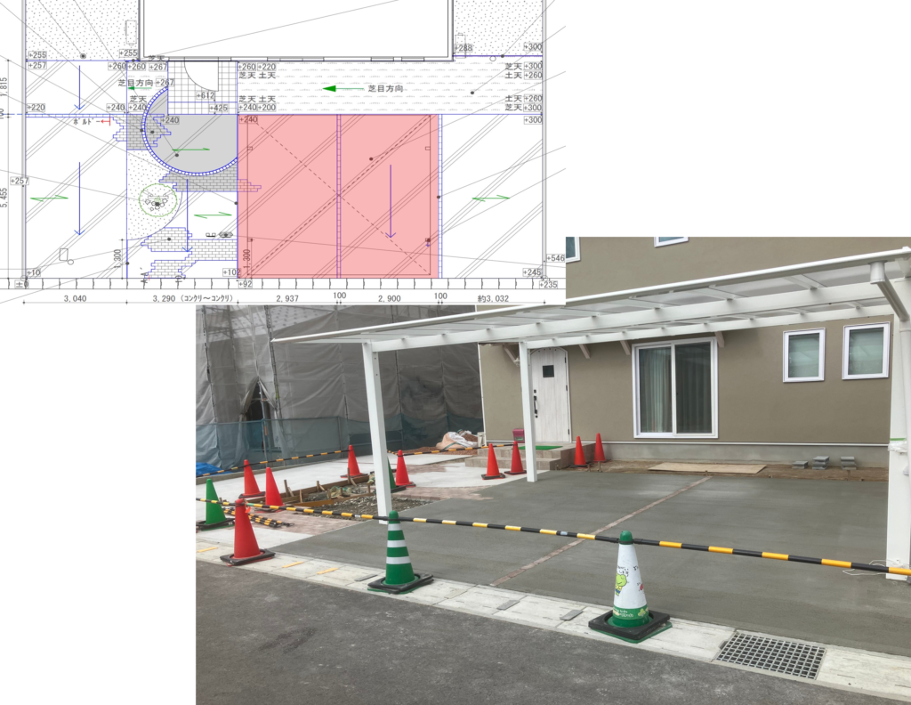 雲南市 外構工事 カーポート設置工事中の施工図と現場写真